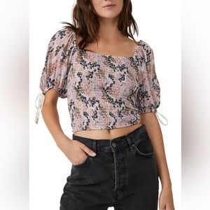 NEW: Free People Smocked Puff Sleeve Crop Top in Soft Combo